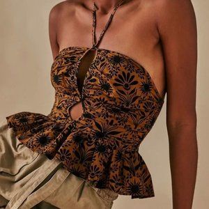NWT FREE PEOPLE Dandelion Halter Top elderwood brown motif floral size XS